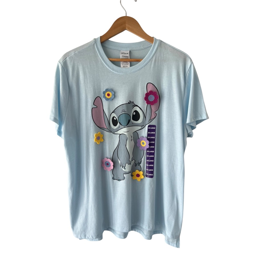 Disney Stitch T Shirt Womens XXL 2X Blue Crochet Flowers Graphic Tee NWT